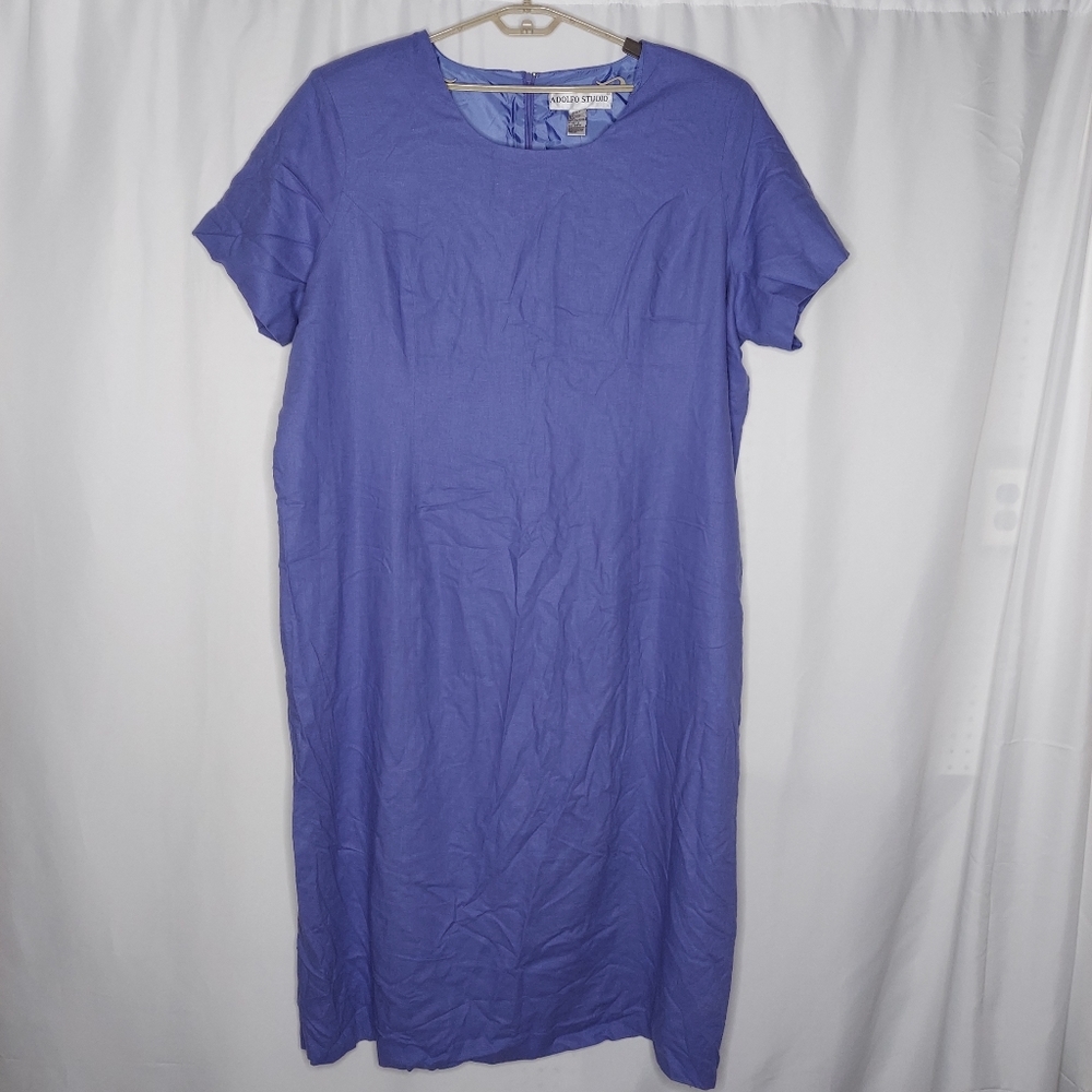 Adolfo Studio Midi Dress 34W Perwinkle Blue Linen-Blend Short Sleeve A-Line